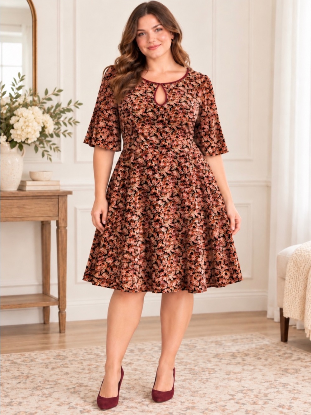 ModCloth Velvet Burnout Floral Fit & Flare Dress Keyhole XL